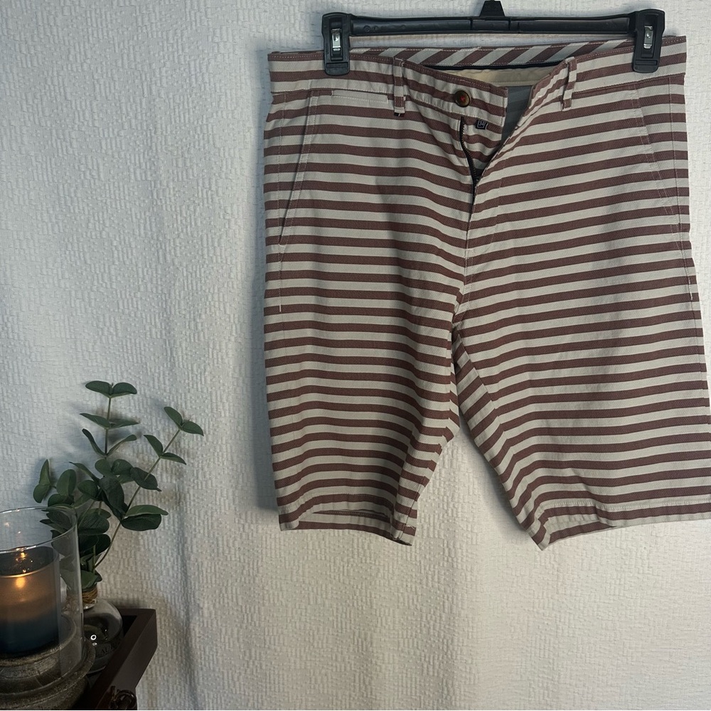 Louis Philippe Men’s Maroon and Beige Striped Bermuda Shorts 34